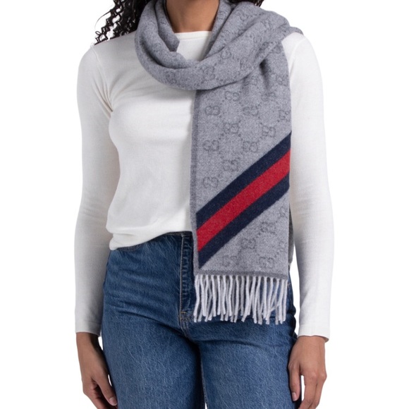 Gucci Gray Scarf with Red and Blue Stripes - Picture 1 of 2